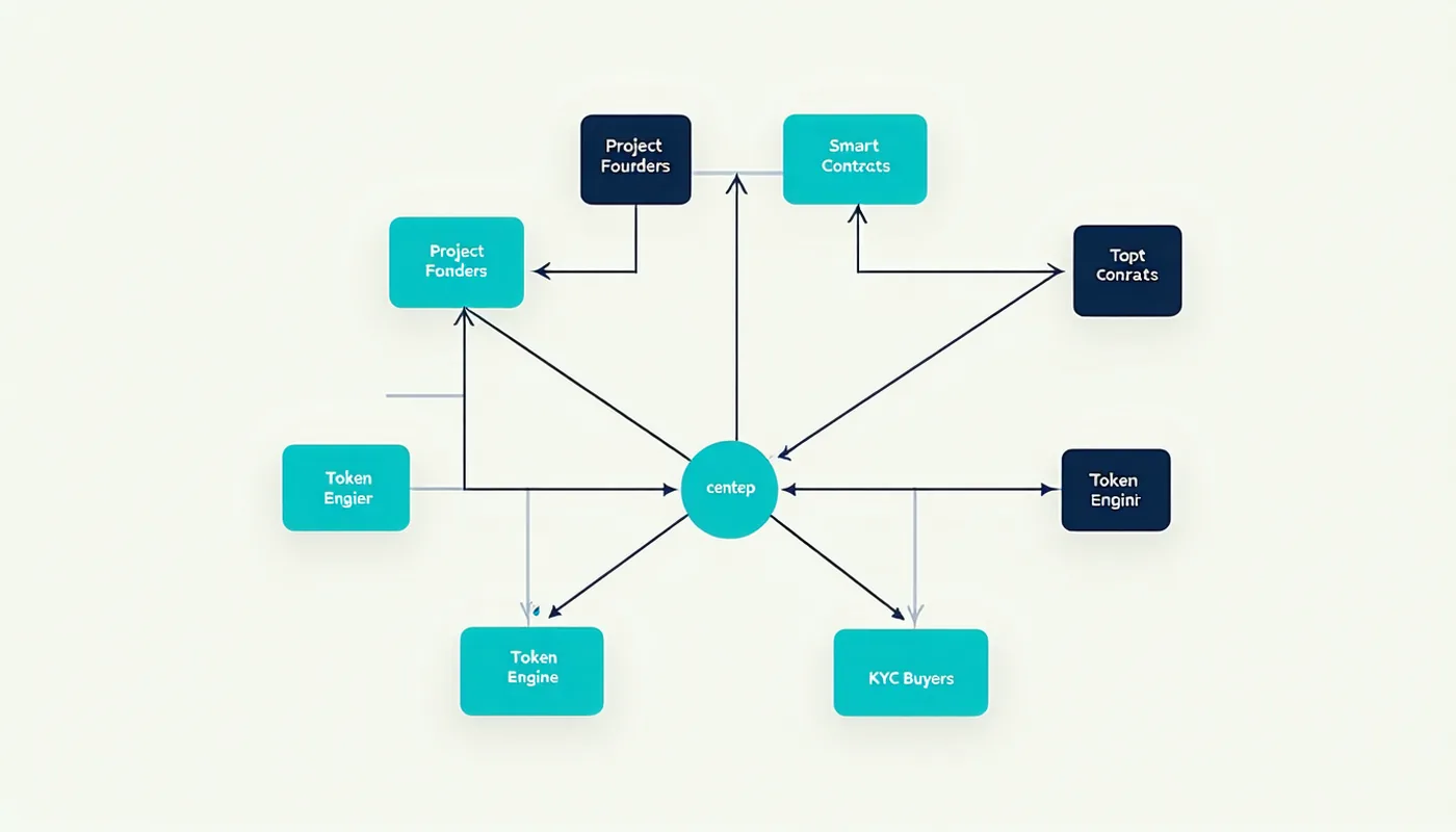 Platform architecture diagram showing how Tonstarter connects project founders, TON smart contracts, KYC provider, and token buyers in a single launchpad flow