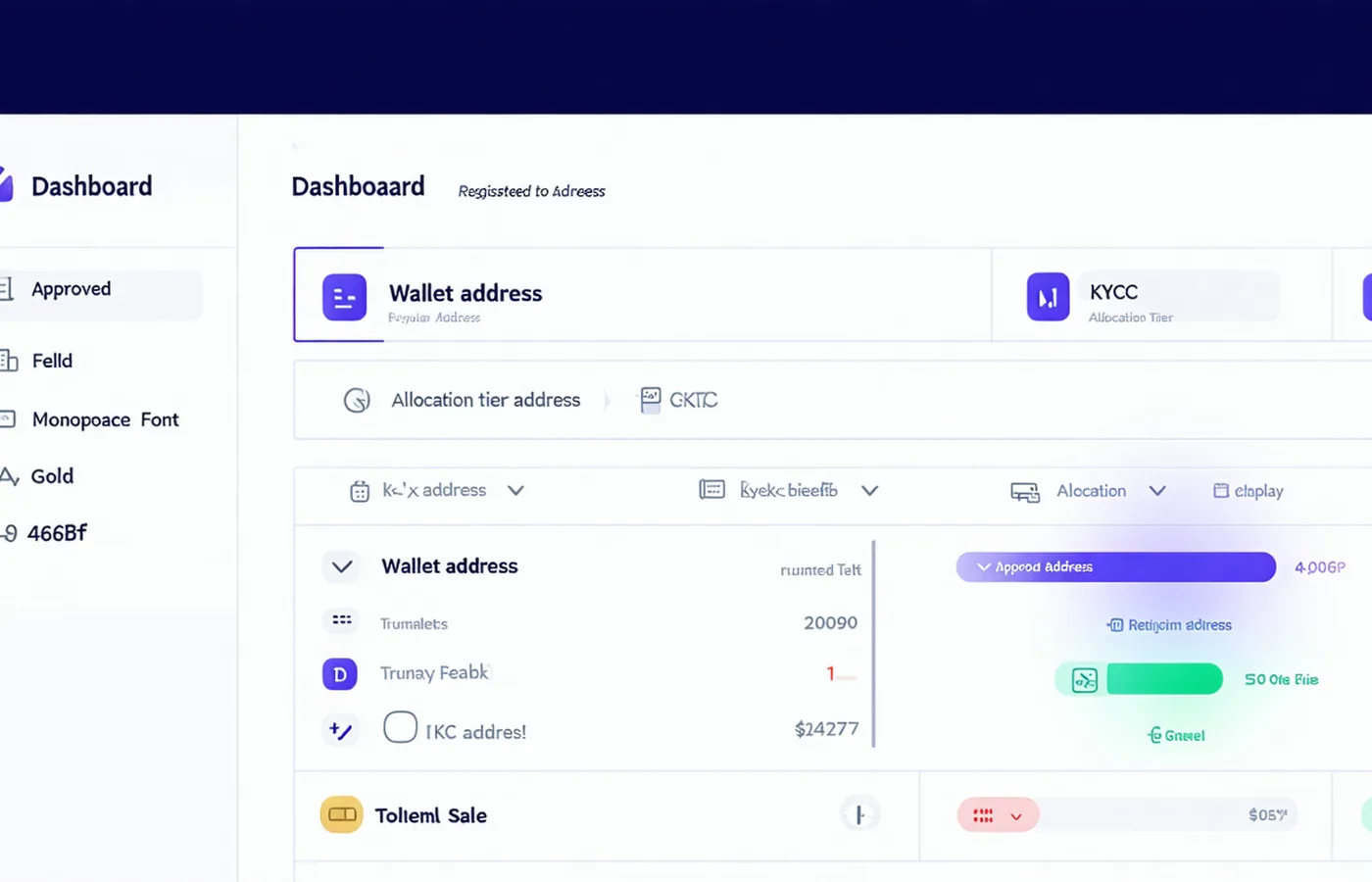 Tonstarter wallet whitelist UI mockup showing KYC status and allocation tier